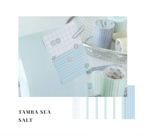 Detail of Tamba Sea Salt washi tape with blue stripes and grid patterns on a paper bag