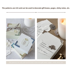 Gros plan d'autocollants gaufrés vintage sur boîte cadeau et papier pour décoration DIY