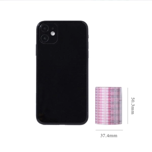 Pink and purple grid washi tape dimensions shown next to a smartphone for scale
