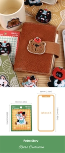 Detailed size comparison of cute animal embroidery patches with iPhone X and packaging