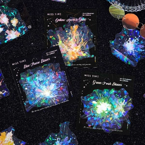 Holographic fireworks PET stickers in yellow, blue and green with shattered glass laser effect