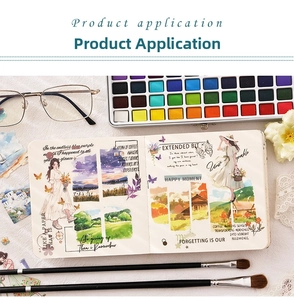 Vista flat lay di adesivi artistici per planner con kit acquerello e decori vintage