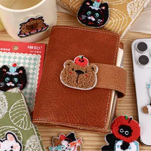 Cartoon plush embroidery patches featuring bear and cat for DIY notebook decor