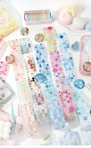 Detail of geometric PET tapes featuring colorful dots and stars for DIY journal decor