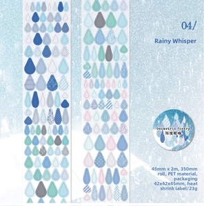 Detail of PET decorative tape featuring artistic blue raindrop patterns for DIY journals