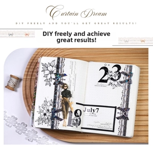 Scène de journal avec ruban washi floral, bordures en dentelle et stickers vintage