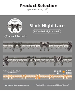 Détail macro du ruban PET Black Night Lace avec finition nacrée et motifs papillon gothiques