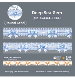 Détail macro du ruban PET décoratif avec lustre nacré et motifs de dentelle bleue