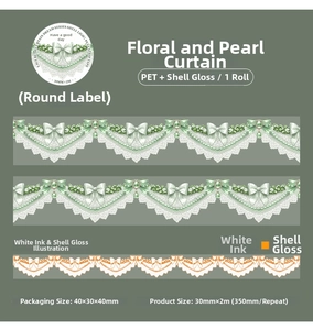 Détail du ruban adhésif PET avec motifs de nœuds en dentelle perlée et fini nacré