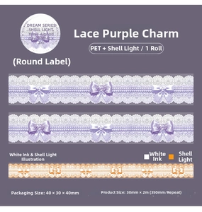 Détail du ruban PET Lace Purple Rhythm avec finition nacrée et motifs de dentelle