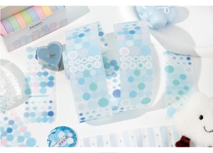 Detail showing blue geometric circle patterns on PET masking tape for scrapbooking