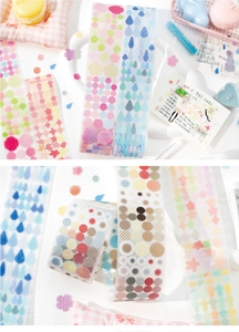 Macro shot of translucent PET tapes with colorful geometric dots and floral patterns