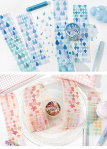 Detail view of PET decorative tape with blue raindrops and warm star patterns for DIY journaling
