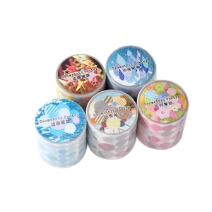 Five-roll PET decorative tape set with geometric patterns and floral motifs for journaling
