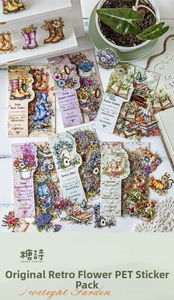 Detail of vintage flower PET stickers featuring boots, birds, and deer for DIY scrapbooks