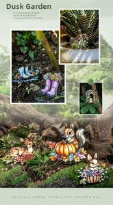 Detail of vintage PET stickers featuring forest animals and flowers on natural moss