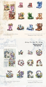 Detailed view of PET floral stickers with dark boots and spring flower patterns