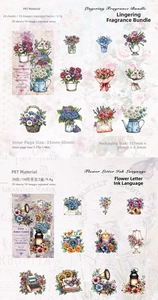 Close-up of vintage flower PET stickers featuring retro camera and ink letter designs