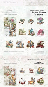Close-up of PET garden stickers with floral and animal illustrations for scrapbooking