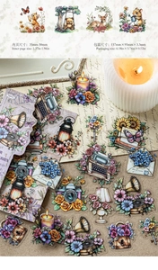 Macro view of vintage garden PET stickers featuring floral patterns and retro animal motifs