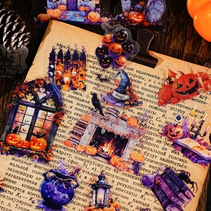 Set adesivi PET Halloween con zucche ed elementi magici su sfondo di carta vintage