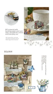 Detailed view of vintage PET floral stickers on a nostalgic desk with a typewriter