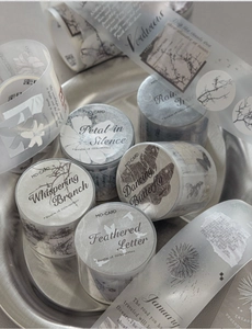 Macro view of vintage MO-CARD matte PET tape with floral and butterfly silhouette designs