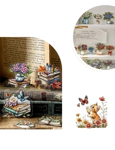 Macro detail of vintage hydrangea stickers and cat illustration for DIY journals