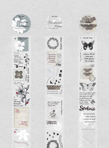 Detail of vintage PET tape with delicate floral illustrations and butterflies for journaling