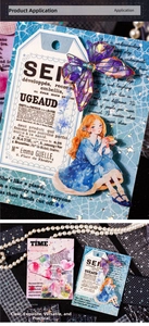 Macro detail of retro collage stickers featuring vintage girl and butterfly illustrations