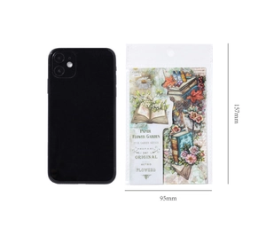 Detailed size comparison of vintage floral PET stickers next to a smartphone
