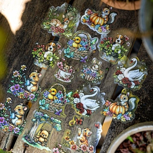 Vintage PET floral and animal stickers set for DIY journal and scrapbook decoration
