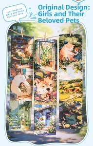 Handgezeichnete Lesezeichen im japanischen Stil mit Mädchen und Haustieren im Freien