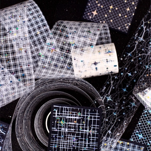 Holographic star washi tape set with white grid and laser patterns on black background