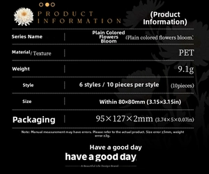 Detailed PET floral stickers product specifications showing size, weight, and sheet quantity