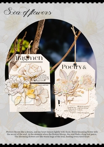 Floral hang tags with gold foil accents and holographic floral patterns on tree branch