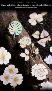 Detailed holographic floral stickers with laser finish and retro botanical patterns