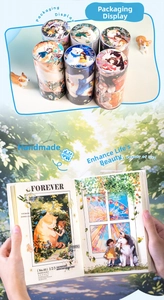 Detail von sechs Rollen Washi-Tape mit niedlichen Haustier- und Mädchen-Illustrationen