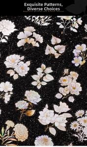 Holographic floral stickers featuring white roses and leaves with a high-contrast black backdrop