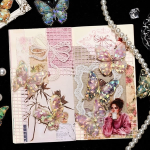 Holographic butterfly wing stickers for DIY journaling with vintage floral laser gold edges