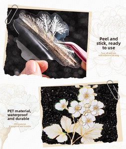 Detailed macro of gold foil PET floral stickers showing high-quality waterproof texture