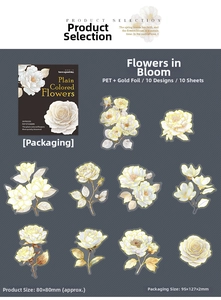 Detail of PET floral stickers with gold foil edges on a dark textured background