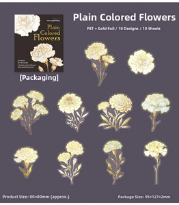 Detail of PET floral stickers with gold foil accents featuring carnation designs