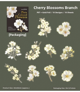 Detail view of 10-piece white plum flower PET stickers with elegant gold foil stamping edges