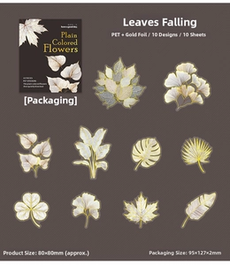 Detail of gold foil PET leaf stickers including ginkgo and maple designs for DIY journaling