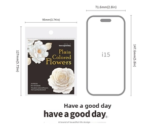 Size comparison of flower PET stickers in 95x127mm packaging next to a smartphone