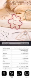 Detailed close-up of embroidery style PET stickers with simulated thread texture