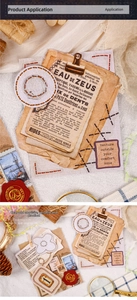 Close-up of retro embroidery themed sticker pack featuring vintage paper and seal textures