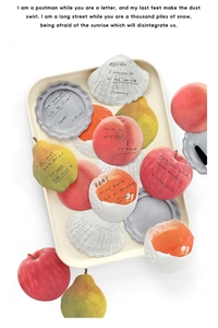 Detail of fruit shaped sticky notes featuring peach and apple designs with handwriting