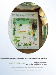 Détail du ruban PET floral et des autocollants appliqués sur une page d'agenda DIY